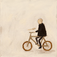 Original oil painting of a man with a gold blob head in a black coat riding a tan bicycle with ochre-ringed wheels, on a cream ground