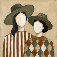 Original oil painting of two blank-faced women in olive-green hats, the taller in brown and cream stripes, the shorter in an olive harlequin shirt with a rust bow, on a sand-cream ground