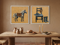 Horse & Cowboy Gear — Set of 2 Original Oils, Golden Ochre & Slate Blue — original hand-painted oil shown on the wall in a styled room