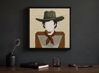 Cowboy in a Checked Shirt Wall Art — Original Palette-Knife Oil, Olive & Brown — original hand-painted oil shown on the wall in a styled room