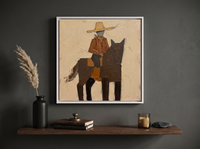 Cowgirl on Horseback Wall Art — Original Palette-Knife Oil, Brown & Ochre — original hand-painted oil shown on the wall in a styled room