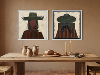 Cowgirls Turning Toward Each Other — Set of 2 Original Oils, Olive & Oxblood — original hand-painted oil shown on the wall in a styled room