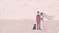 Original wide oil painting of a groom in a rose-pink suit and pink hat beside a bride in a blush gown holding an emerald bouquet with a grey veil and a navy dog, on a wide blush-pink field