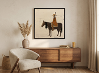 Braided Rider on Horseback Wall Art — Original Palette-Knife Oil, Brown & Caramel — original hand-painted oil shown on the wall in a styled room