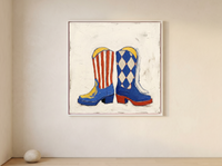Cowboy Boots Wall Art — Original Palette-Knife Oil, Cobalt & Red — original hand-painted oil shown on the wall in a styled room