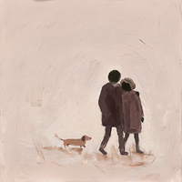 Original oil painting of a couple seen from behind in plum and mauve coats, the woman leaning toward the man, a tan dachshund at their side, on a soft cream-pink ground