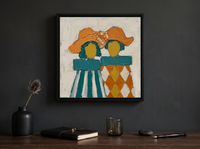 Two Ladies in Hats Wall Art — Original Palette-Knife Oil, Orange & Teal — original hand-painted oil shown on the wall in a styled room