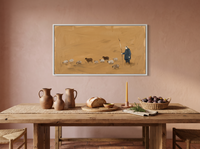 Shepherd and Flock Wide Wall Art — Original Oil Landscape, Golden Ochre & Navy — original hand-painted oil shown on the wall in a styled room