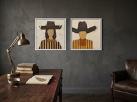 Cowgirl and Cowboy — Set of 2 Original Oils, Chocolate & Rust — original hand-painted oil shown on the wall in a styled room