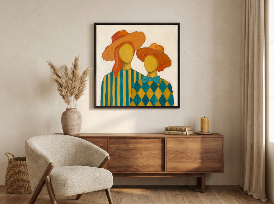 Two Ladies in Orange Hats Wall Art — Original Palette-Knife Oil, Orange & Teal