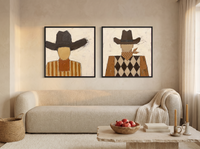 Cowboy, Front and Back — Set of 2 Original Oils, Chocolate & Rust — original hand-painted oil shown on the wall in a styled room