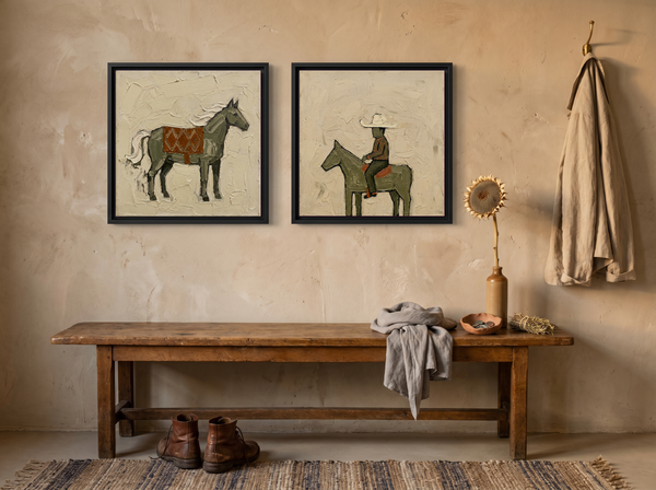 Standing Horse & Small Rider — Set of 2 Original Oils, Olive & Rust