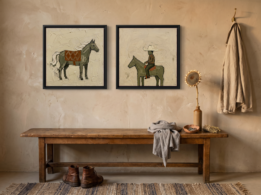 Standing Horse & Small Rider — Set of 2 Original Oils, Olive & Rust