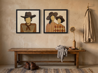 Cowboy & Two Cowgirls — Set of 2 Original Oils, Caramel & Rust — original hand-painted oil shown on the wall in a styled room