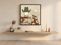Cowboy & Cowgirl from Behind Wall Art — Original Palette-Knife Oil, Olive & Cream — original hand-painted oil shown on the wall in a styled room