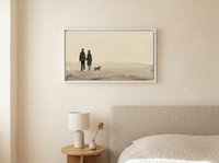 Couple Walking a Dog Wide Wall Art — Original Palette-Knife Oil, Olive & Charcoal — original hand-painted oil shown on the wall in a styled room