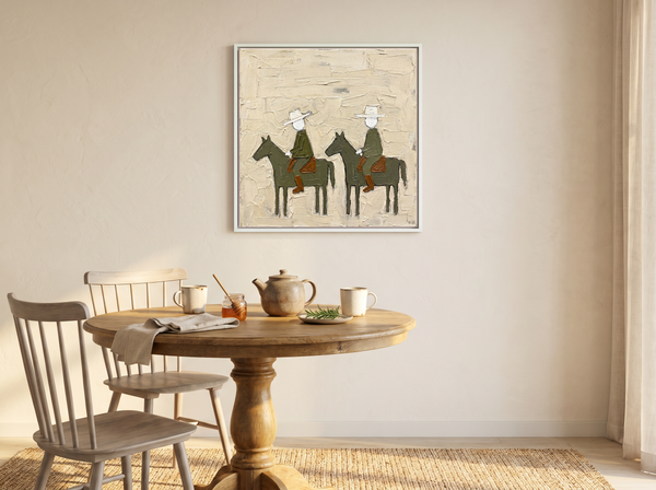 Two Riders on Horseback Wall Art — Original Palette-Knife Oil, Olive & Rust