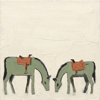 Original oil painting of two sage-green horses grazing with terracotta saddles and black legs, on a cream ground with palette-knife texture