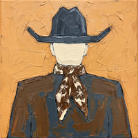 Palette-knife oil of a cowboy in a slate blue-grey hat with a cream brown-flowered bandana over a slate-and-brown shirt, on a golden ochre ground.
