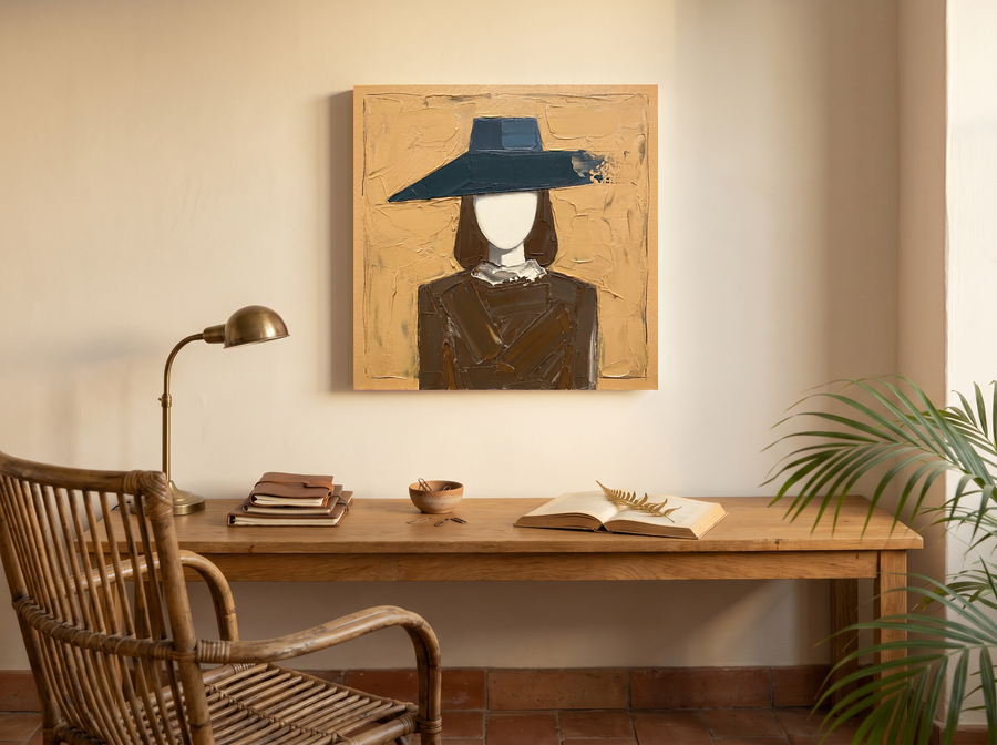 Woman in a Wide Hat Wall Art — Original Palette-Knife Oil, Ochre & Navy