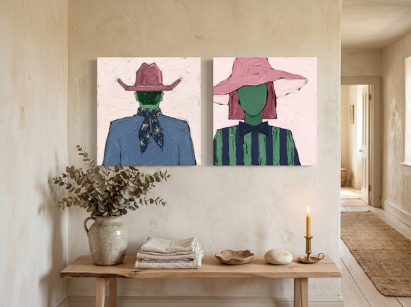 Cowboy & Wide-Brim Lady — Set of 2 Original Oils, Blush & Emerald
