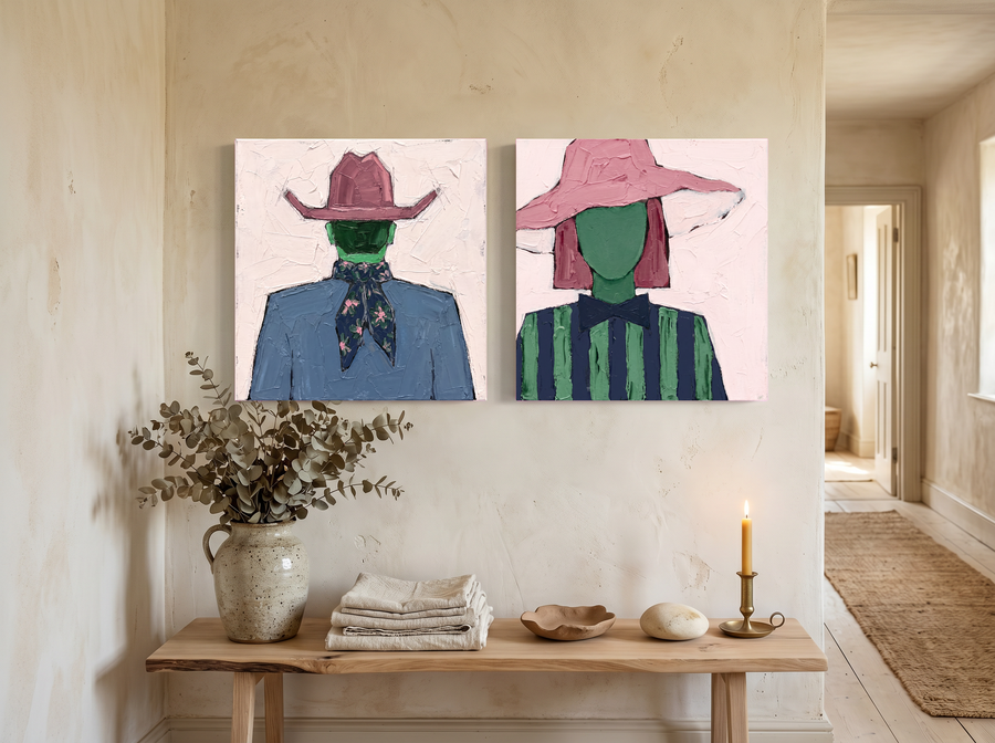 Cowboy & Wide-Brim Lady — Set of 2 Original Oils, Blush & Emerald