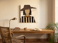 Lady in a Floppy Hat Wall Art — Original Palette-Knife Oil, Brown & Cream — original hand-painted oil shown on the wall in a styled room