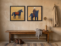 Standing Horse & Mounted Cowboy — Set of 2 Original Oils, Navy & Vermilion — original hand-painted oil shown on the wall in a styled room