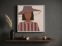 Lady in a Floppy Hat Wall Art — Original Palette-Knife Oil, Mauve & Rose-Brown — original hand-painted oil shown on the wall in a styled room