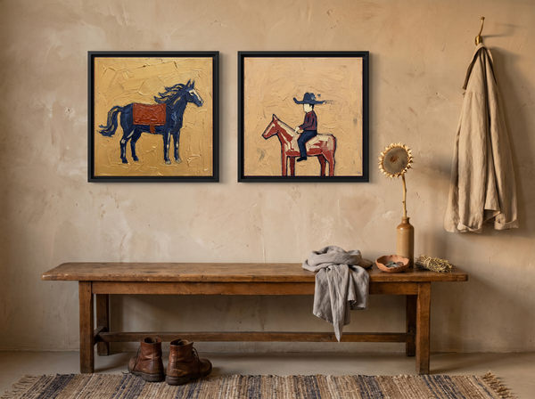 Standing Horse & Small Rider — Set of 2 Original Oils, Navy & Vermilion