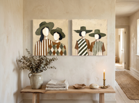 Women in Hats, Two Pairs — Set of 2 Original Oils, Olive & Cream — original hand-painted oil shown on the wall in a styled room