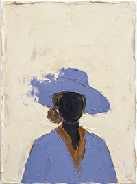 Oil painting of a woman in a periwinkle wide-brim hat with a pale blank face and a terracotta-rust top, on a cream ground.