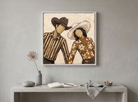 Dancing Couple Wall Art — Original Palette-Knife Oil, Brown & Caramel — original hand-painted oil shown on the wall in a styled room