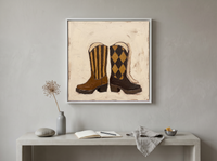 Cowboy Boots Wall Art — Original Palette-Knife Oil, Brown & Tan — original hand-painted oil shown on the wall in a styled room