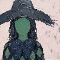 Oil painting of a faceless woman in a charcoal-navy floppy hat with long dark hair, an emerald-green face, a navy bow and a navy-and-emerald harlequin shirt, on a blush ground.