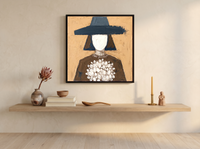 Woman with a Bouquet Wall Art — Original Palette-Knife Oil, Ochre & Navy — original hand-painted oil shown on the wall in a styled room