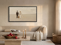 Wedding Couple and Dog Wide Wall Art — Original Palette-Knife Oil, Chocolate & Cream — original hand-painted oil shown on the wall in a styled room