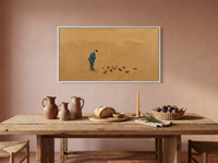Man Feeding Pigeons Wide Wall Art — Original Oil Landscape, Golden Ochre & Navy — original hand-painted oil shown on the wall in a styled room