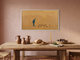 Man Feeding Pigeons Wide Wall Art — Original Oil Landscape, Golden Ochre & Navy