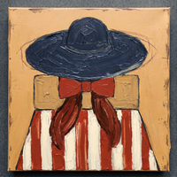 Oil painting of a cowgirl in a navy hat with a wide flat angular brim, a cream face, vermilion bow and navy-and-cream striped body, on a golden ochre ground.