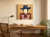 Cowboy in a Checked Shirt Wall Art — Original Palette-Knife Oil, Navy & Red — original hand-painted oil shown on the wall in a styled room
