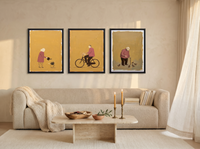 A Quiet Day Triptych — 3 Original Oils, Clay-Rose & Mustard — original hand-painted oil shown on the wall in a styled room