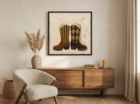 Cowboy Boots Wall Art — Original Palette-Knife Oil, Brown & Tan — original hand-painted oil shown on the wall in a styled room