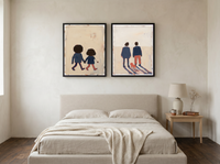 Couple Holding Hands & Couple at Dusk — Set of 2 Original Oils, Indigo & Coral — original hand-painted oil shown on the wall in a styled room