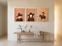Western Family Triptych — 3 Original Oils, Espresso & Terracotta — original hand-painted oil shown on the wall in a styled room