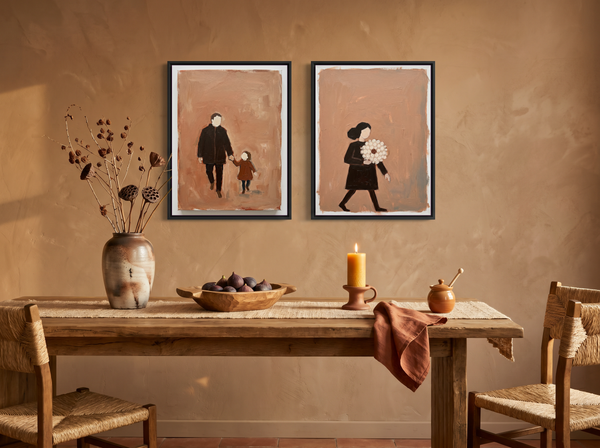 Father & Child with Woman & Bouquet — Set of 2 Original Oils, Espresso & Terracotta