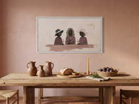 Three Women with Wine Wide Wall Art — Original Palette-Knife Oil, Mauve & Plum — original hand-painted oil shown on the wall in a styled room