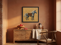 Standing Horse Wall Art — Original Palette-Knife Oil, Slate Blue & Ochre — original hand-painted oil shown on the wall in a styled room
