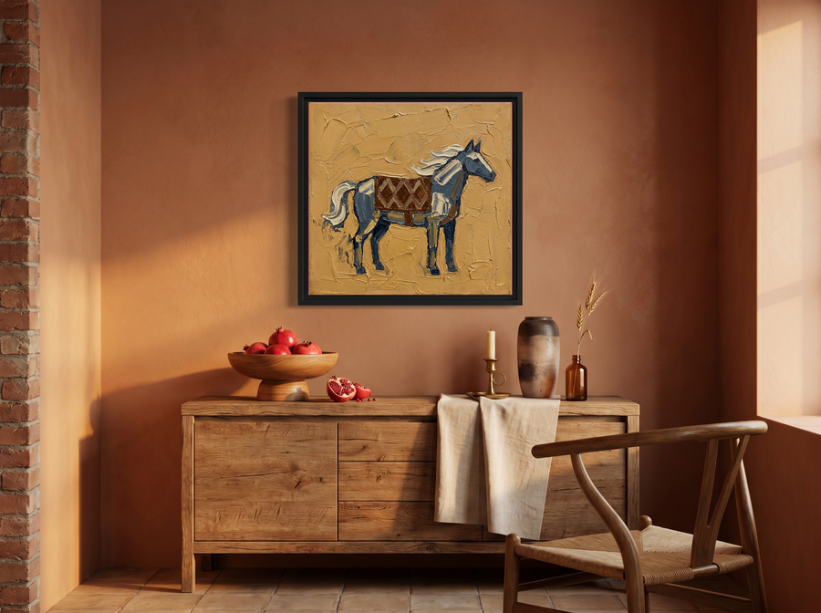 Standing Horse Wall Art — Original Palette-Knife Oil, Slate Blue & Ochre