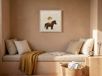 Child on a Pony Wall Art — Original Palette-Knife Oil, Chocolate & Straw — original hand-painted oil shown on the wall in a styled room